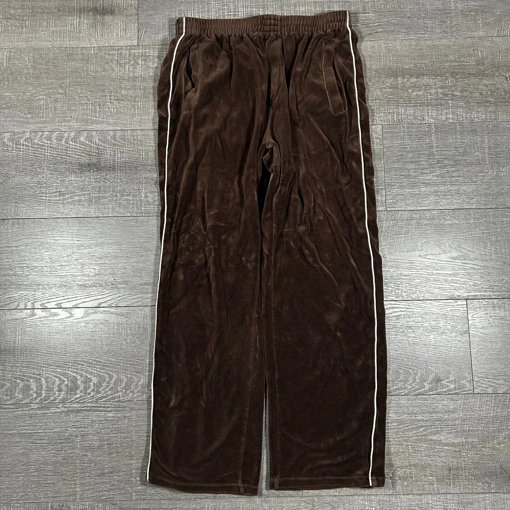 Sweatledo Brown Velour Track Pants Baggy Y2K Side Stripe Joggers Mens XL